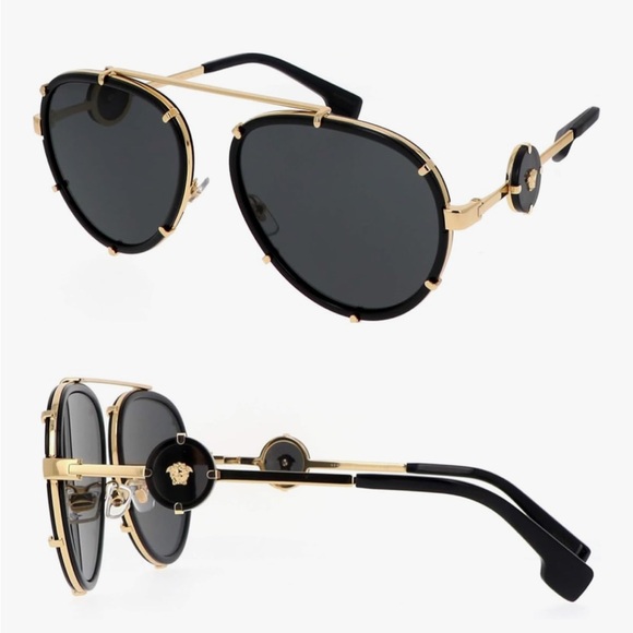 Versace Accessories - Versace Black & Gold Metal Aviator Sunglasses